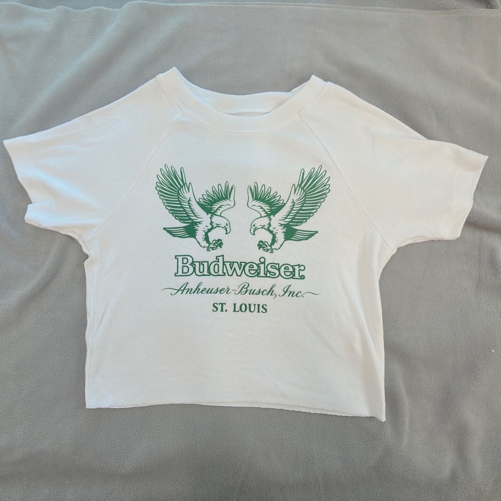 PacSun Budweiser Graphic Tee Women Small White Excellent Cropped Raglan Ribbed